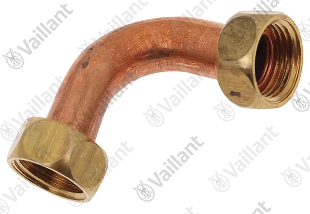 Vaillant Rohrzubehör, gewinkeltes Metallrohr mit einer Seite mit Innengewinde, zur Verwendung in Heizungs- oder Sanitärinstallationen.